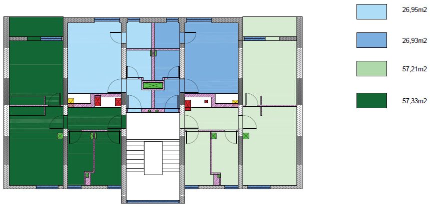 Экспликация типового этажа: два апартамента по 26,93 и 26,95 м² и два по 57,21 и 57,33 м²